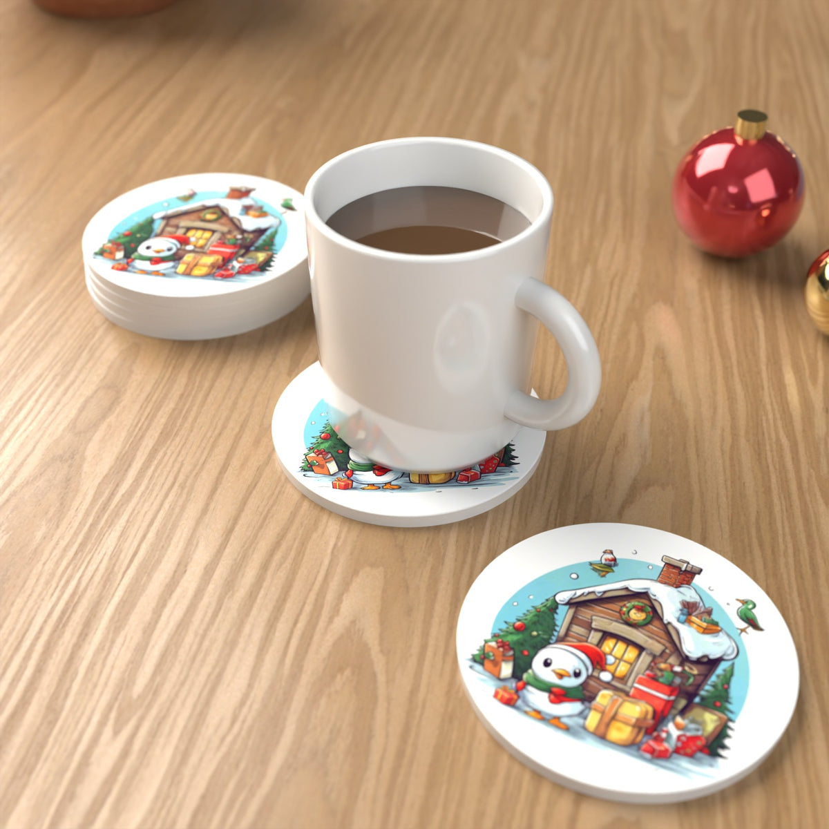 Christmas Cabin with Penguin Round Ceramic Coasters – Set of 6 – lifestyle mockup with a mug of coffee