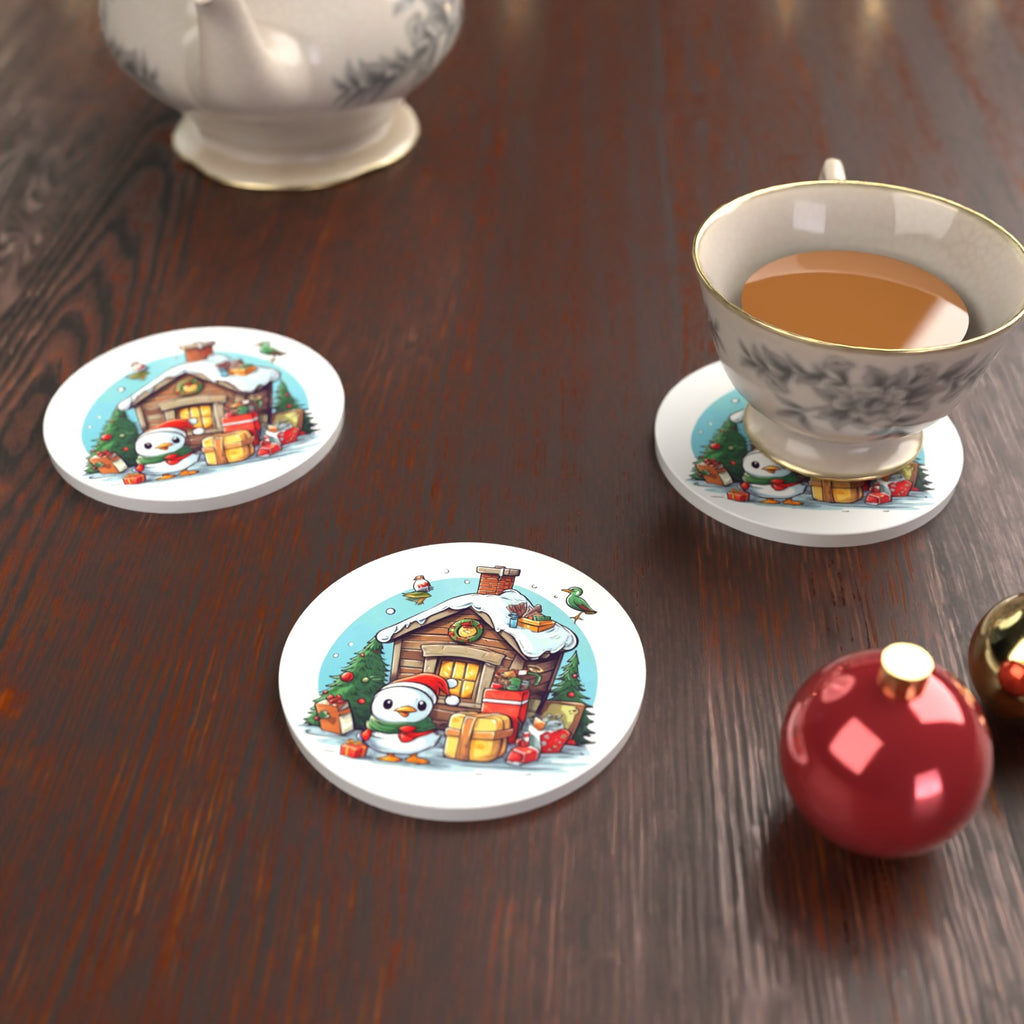Christmas Cabin with Penguin Round Ceramic Coasters – Set of 6 – lifestyle mockup with a teacup