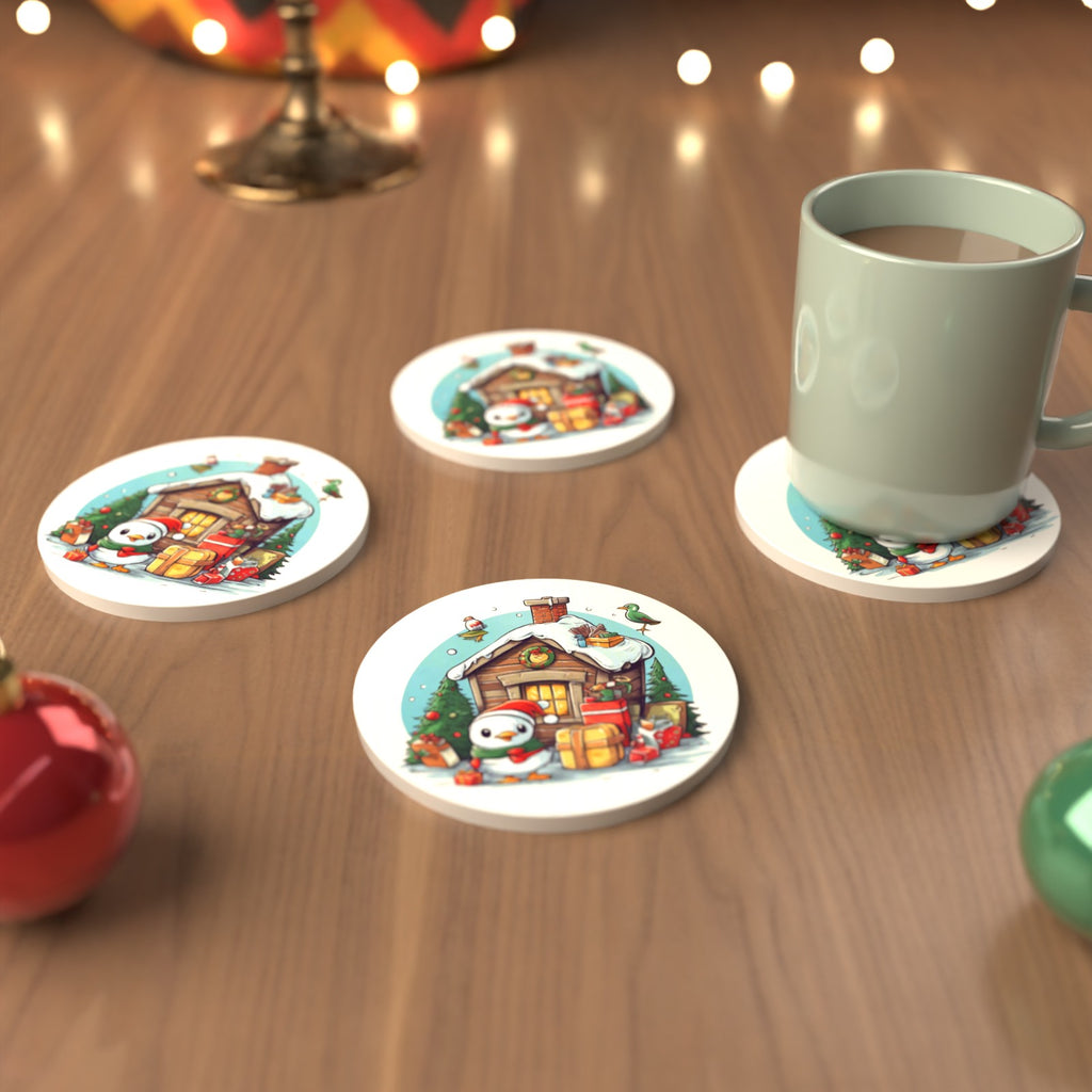 Christmas Cabin with Penguin Round Ceramic Coasters – Set of 6 – cosy lifestyle mockup