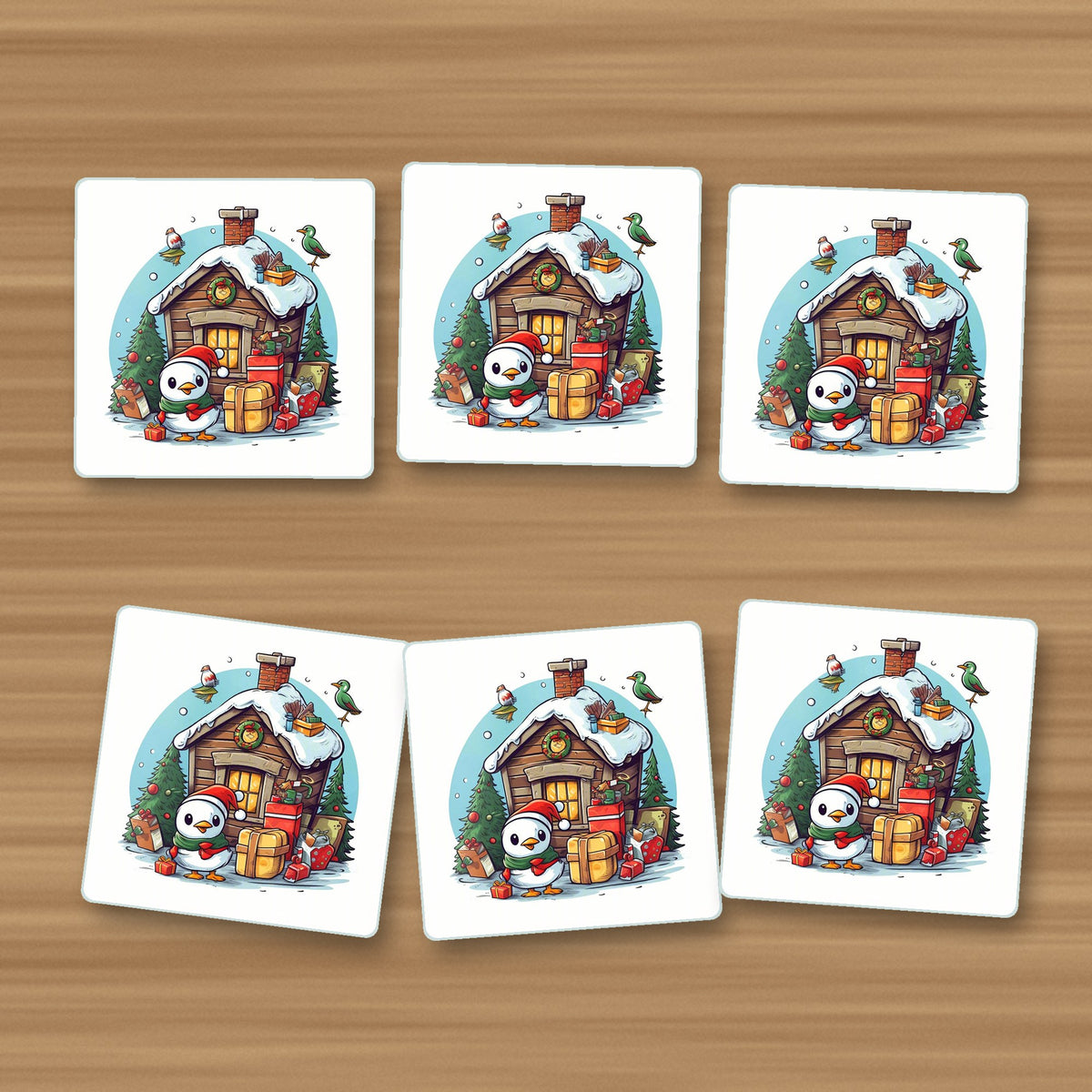 Christmas Cabin with Penguin square glass coasters, set of 6, on an oak coffee table