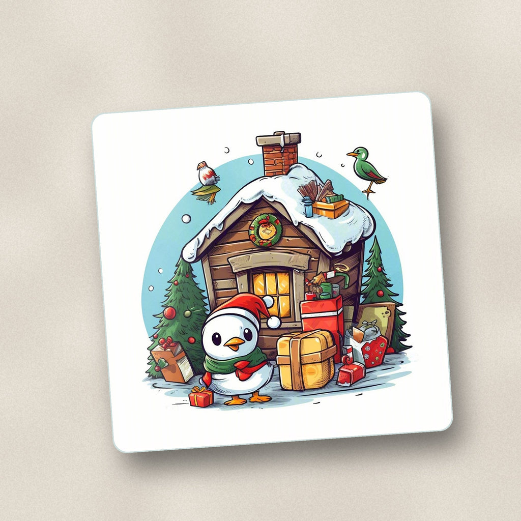 Close-up of one christmas cabin with penguin square glass coaster, flat UV print