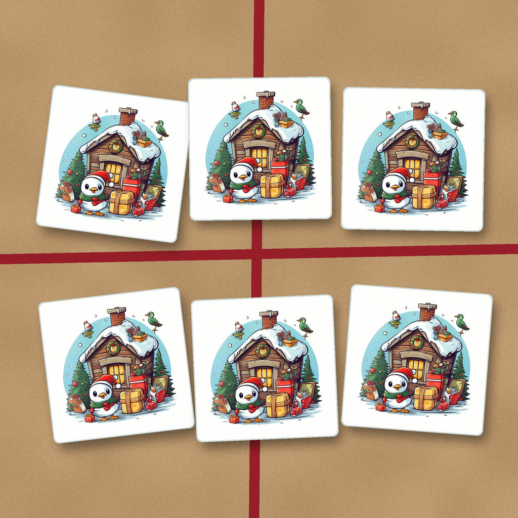 Christmas Cabin with Penguin square glass coasters on kraft gift wrap