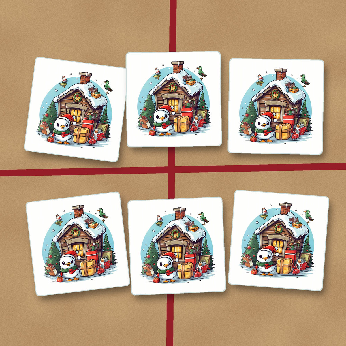 Christmas Cabin with Penguin square glass coasters on kraft gift wrap