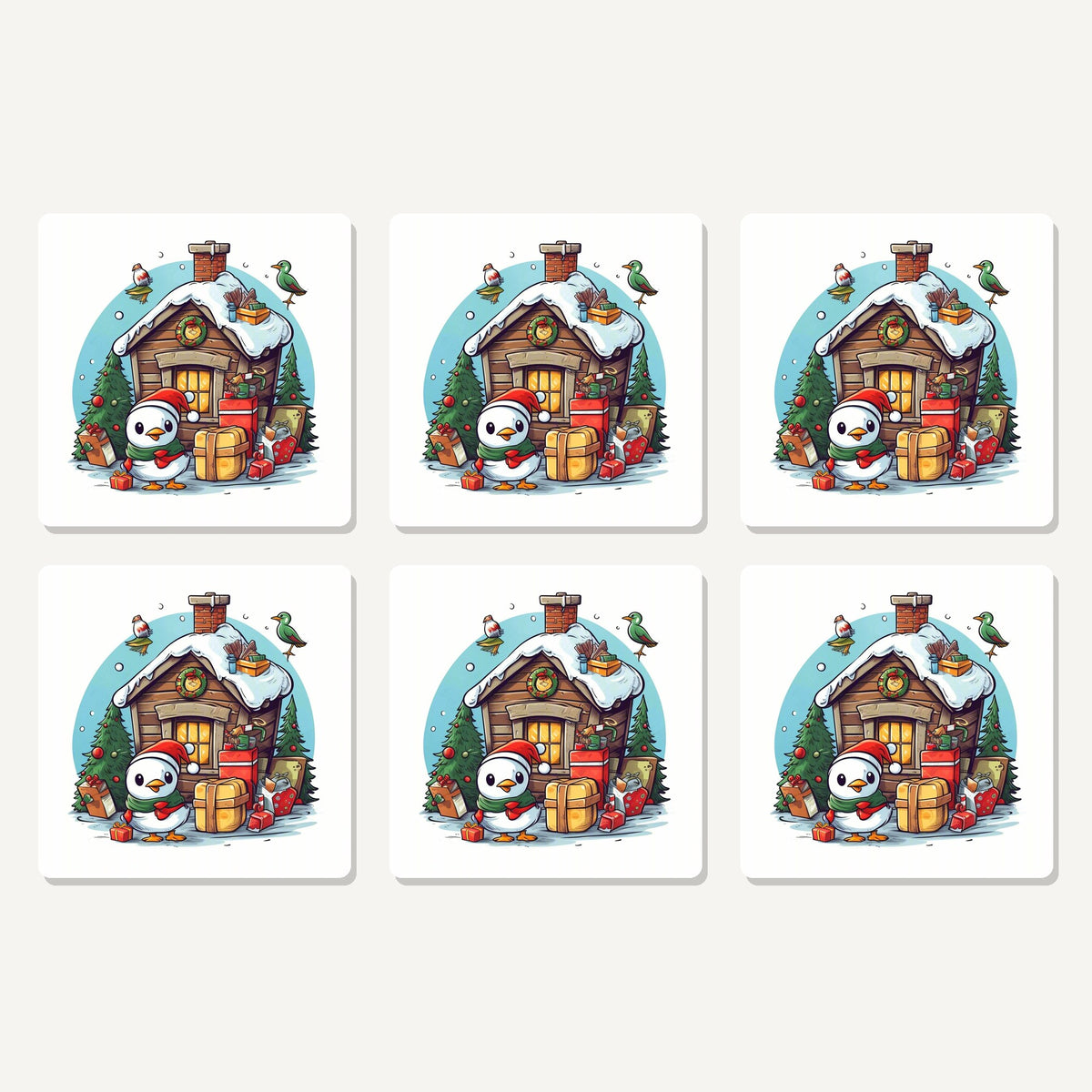 Flat lay of the christmas cabin with penguin artwork on six square coasters