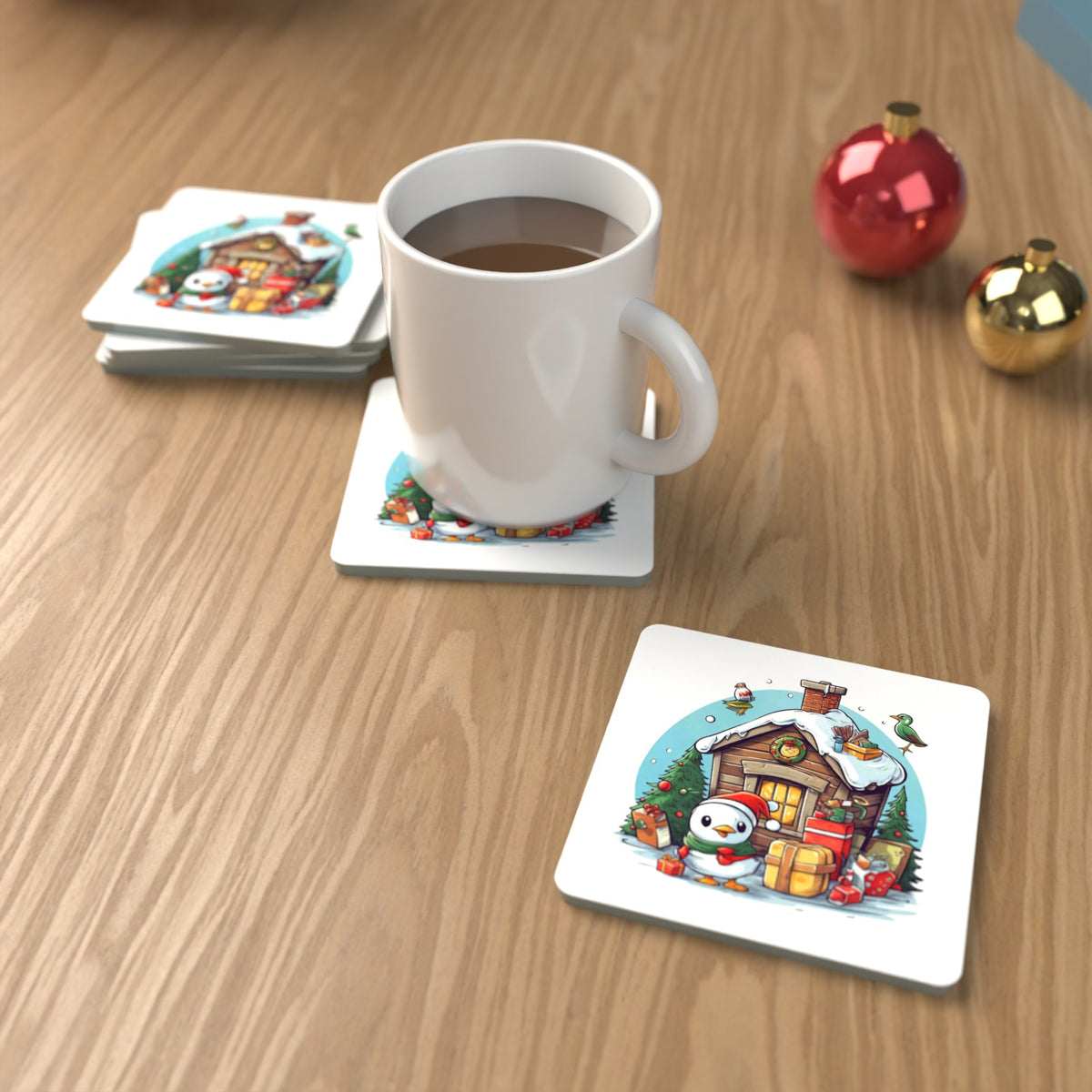 Christmas Cabin with Penguin Square Glass Coasters – Set of 6 – lifestyle mockup with a mug of coffee