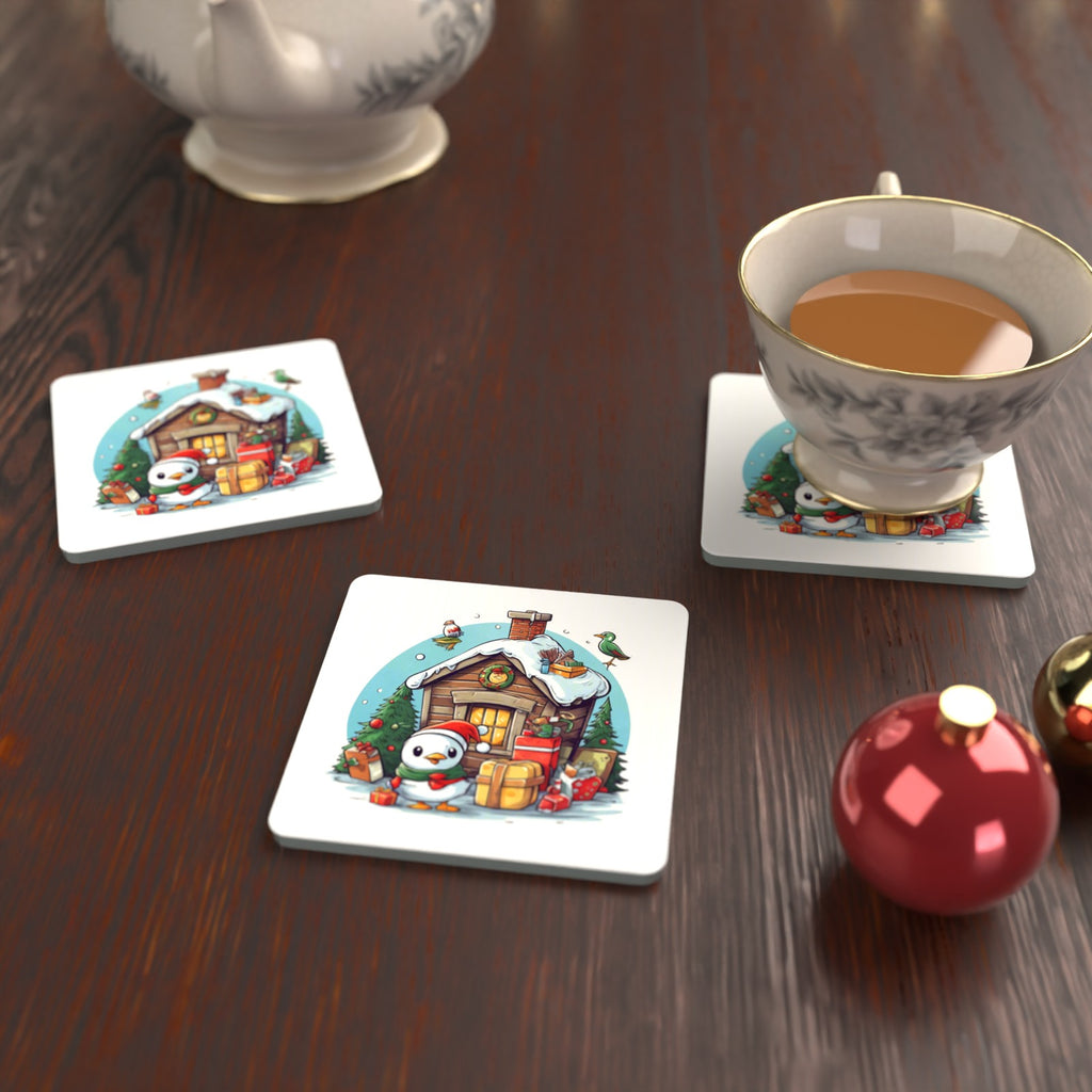 Christmas Cabin with Penguin Square Glass Coasters – Set of 6 – lifestyle mockup with a teacup