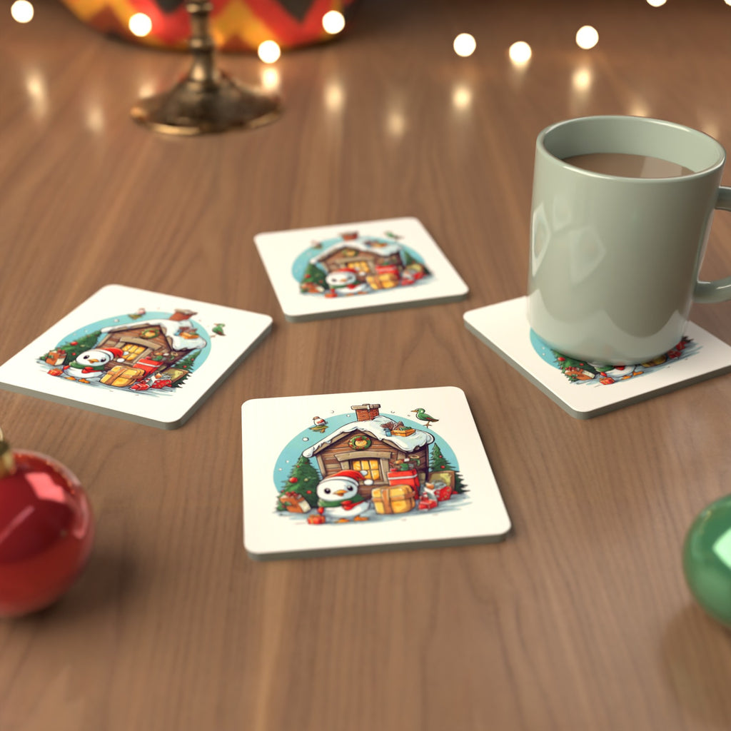 Christmas Cabin with Penguin Square Glass Coasters – Set of 6 – cosy lifestyle mockup