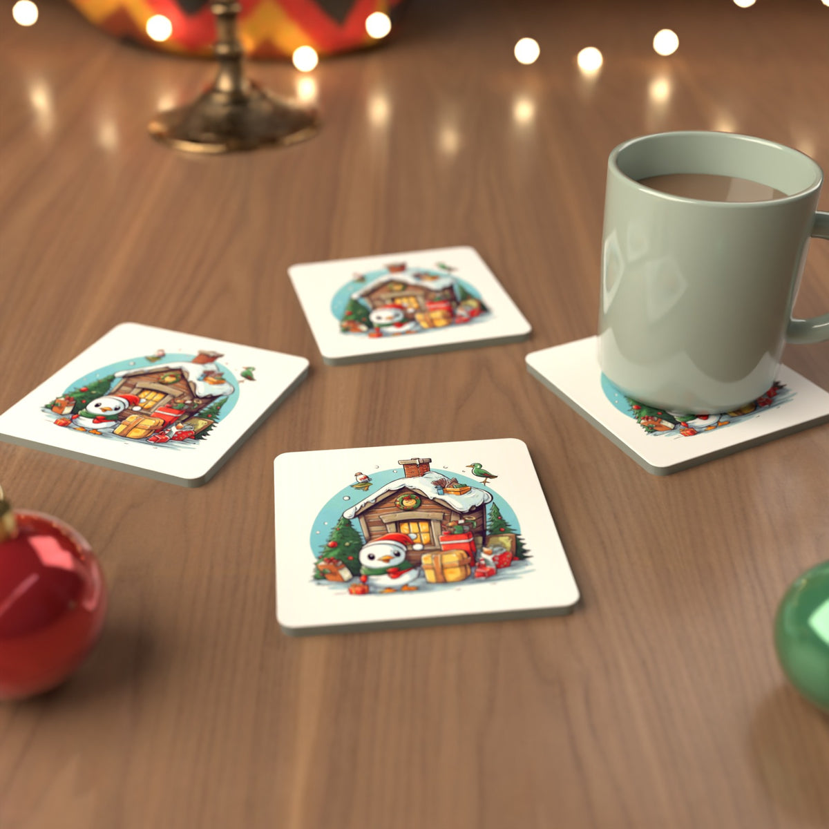 Christmas Cabin with Penguin Square Glass Coasters – Set of 6 – cosy lifestyle mockup