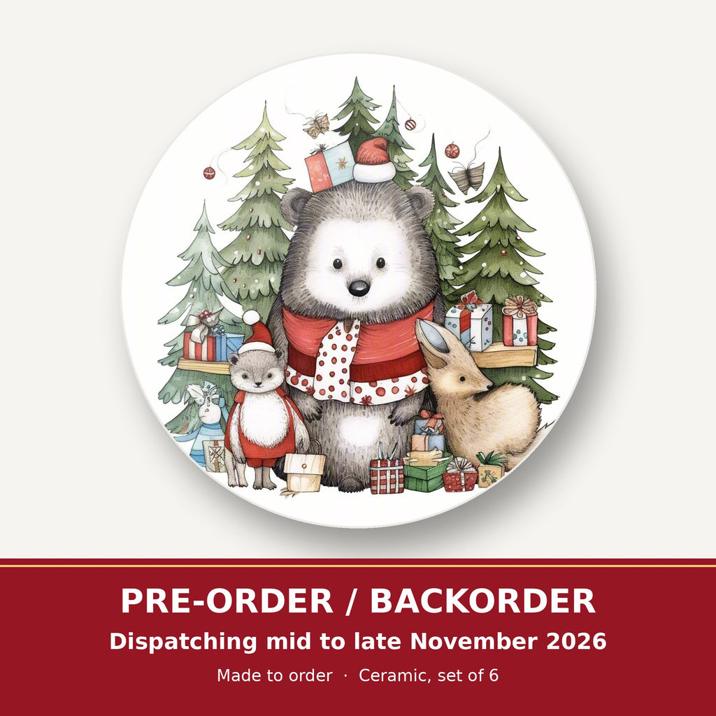 Christmas Woodland Friends round ceramic coaster set of 6 – pre-order / backorder, dispatching mid to late November 2026