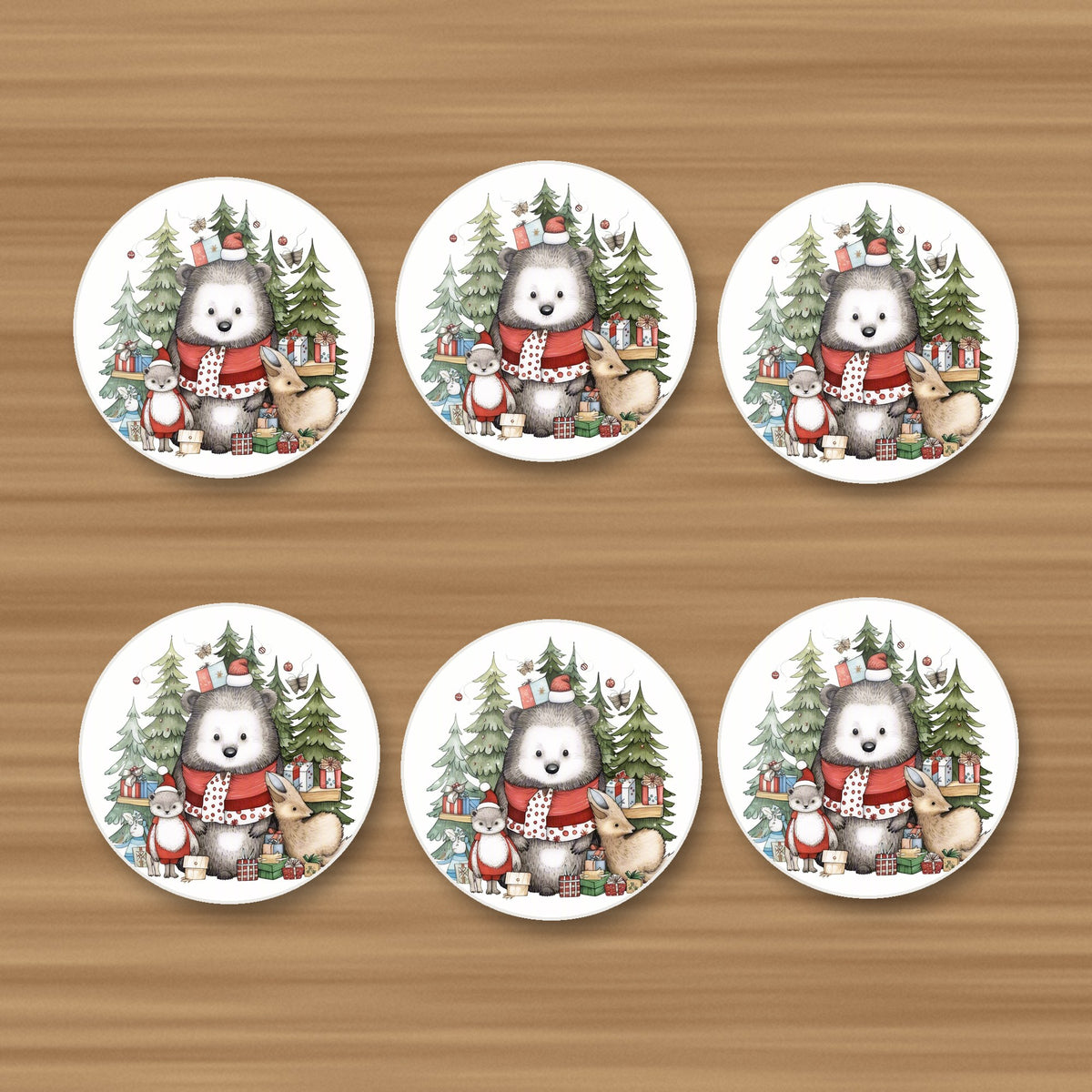 Christmas Woodland Friends round ceramic coasters, set of 6, on an oak coffee table