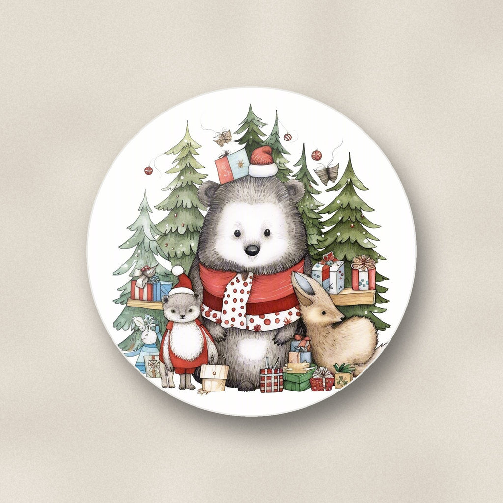 Close-up of one christmas woodland friends round ceramic coaster, flat UV print