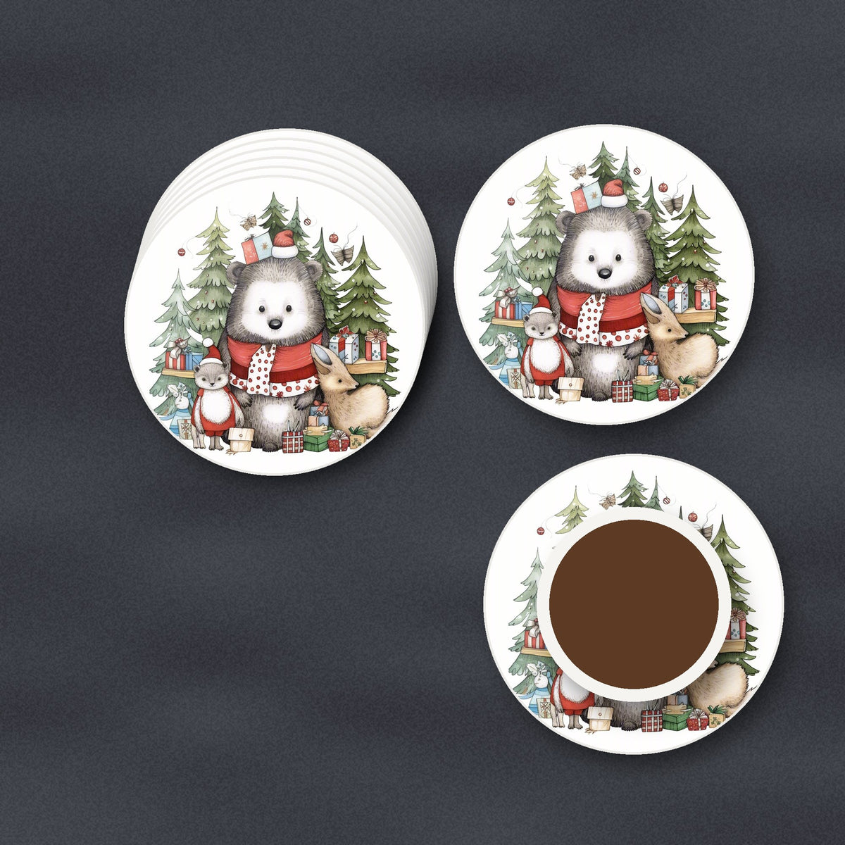 Christmas Woodland Friends round ceramic coasters stacked on a slate kitchen worktop