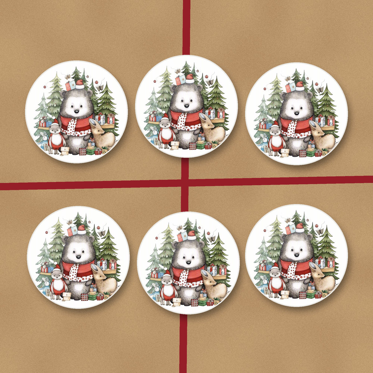 Christmas Woodland Friends round ceramic coasters on kraft gift wrap