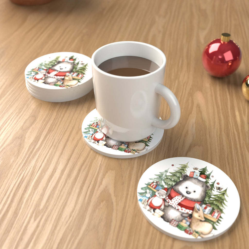 Christmas Woodland Friends Round Ceramic Coasters – Set of 6 – lifestyle mockup with a mug of coffee