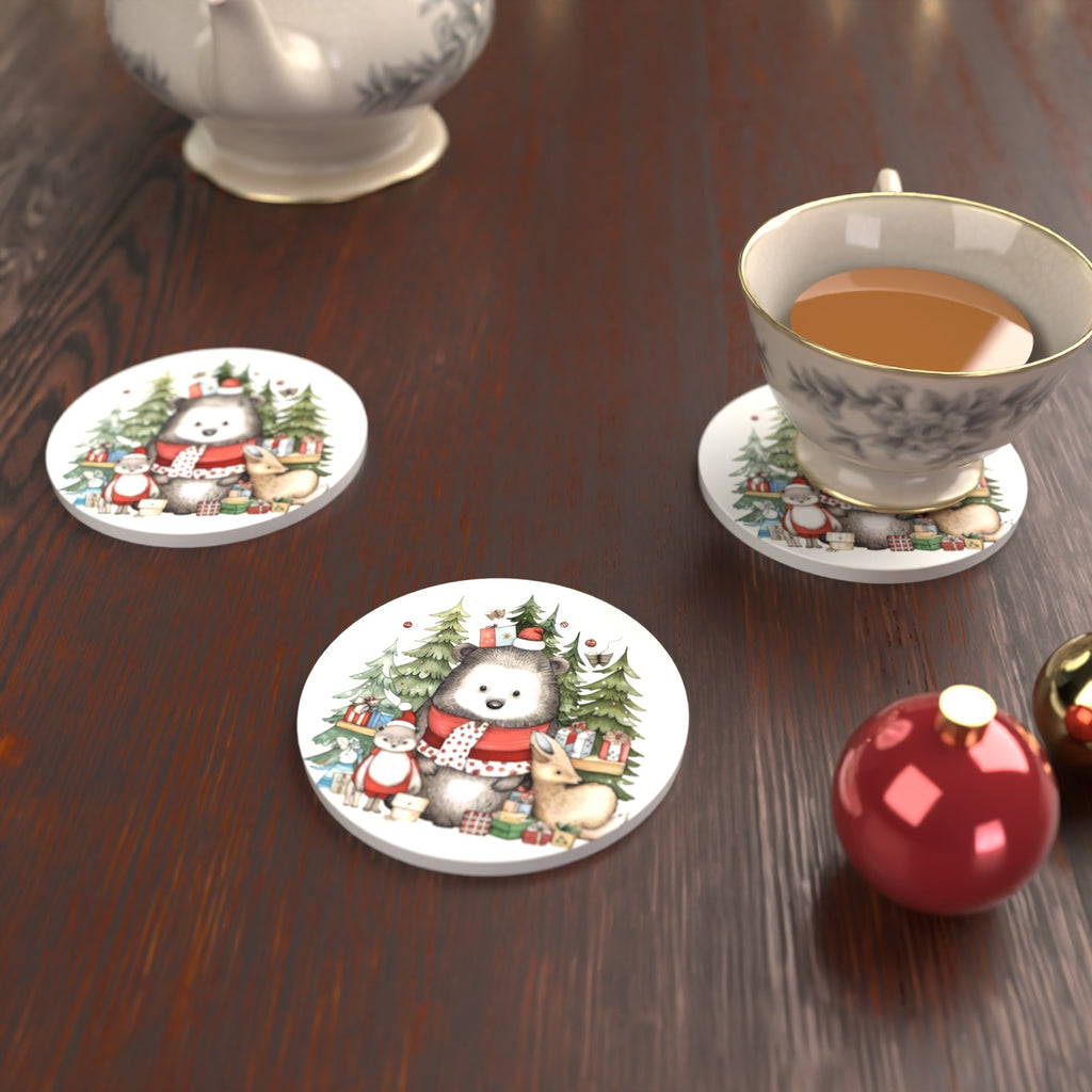 Christmas Woodland Friends Round Ceramic Coasters – Set of 6 – lifestyle mockup with a teacup