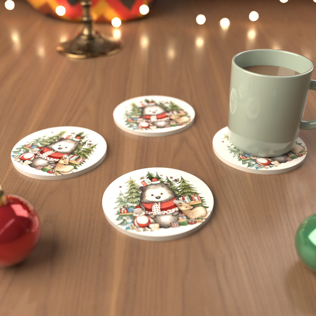 Christmas Woodland Friends Round Ceramic Coasters – Set of 6 – cosy lifestyle mockup