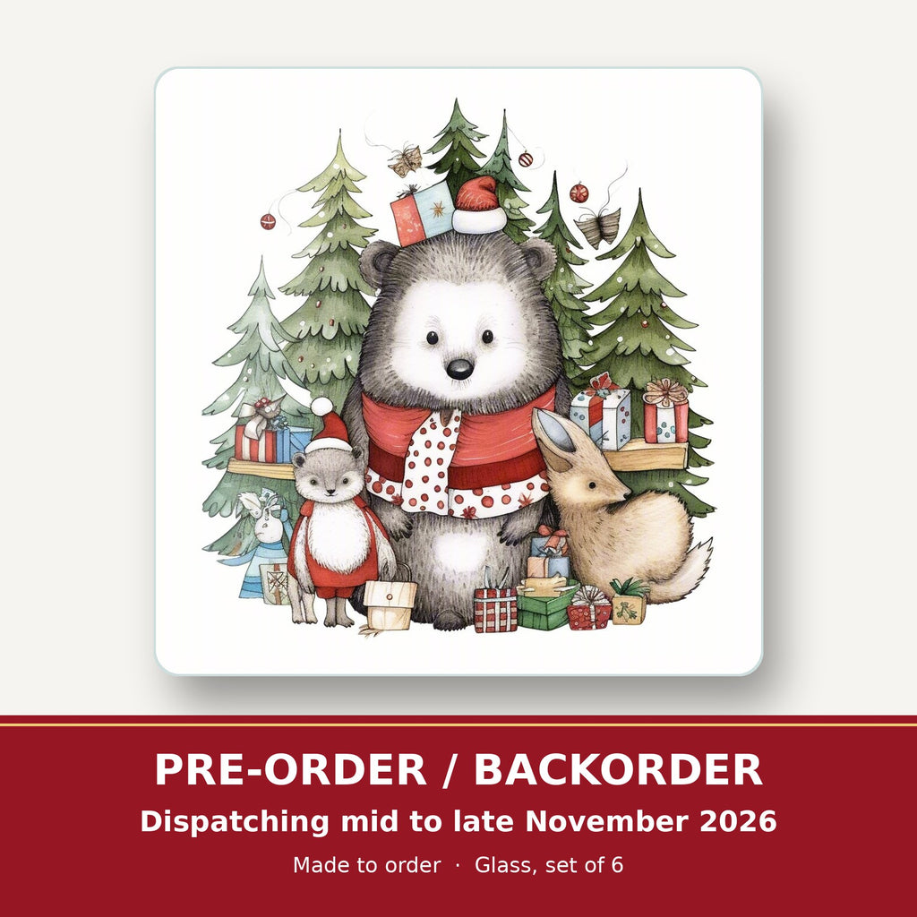 Christmas Woodland Friends square glass coaster set of 6 – pre-order / backorder, dispatching mid to late November 2026