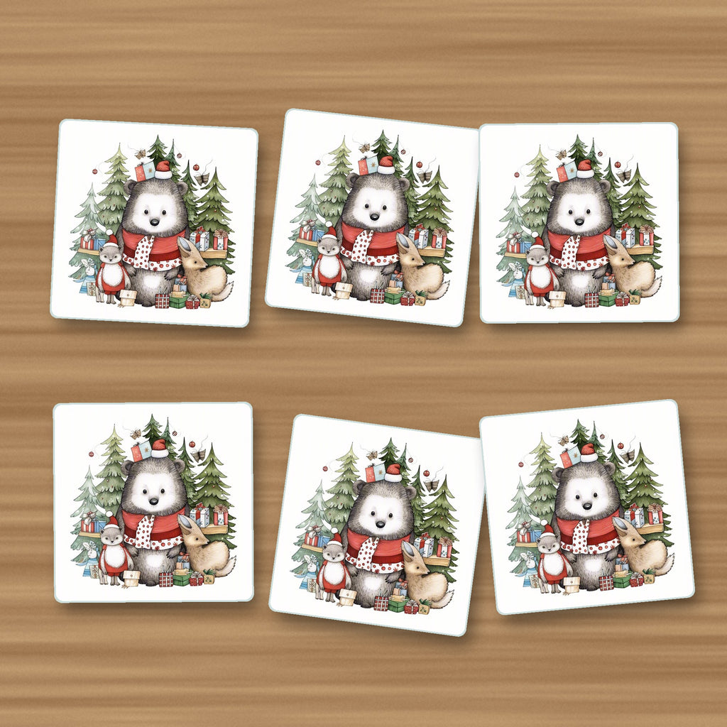 Christmas Woodland Friends square glass coasters, set of 6, on an oak coffee table
