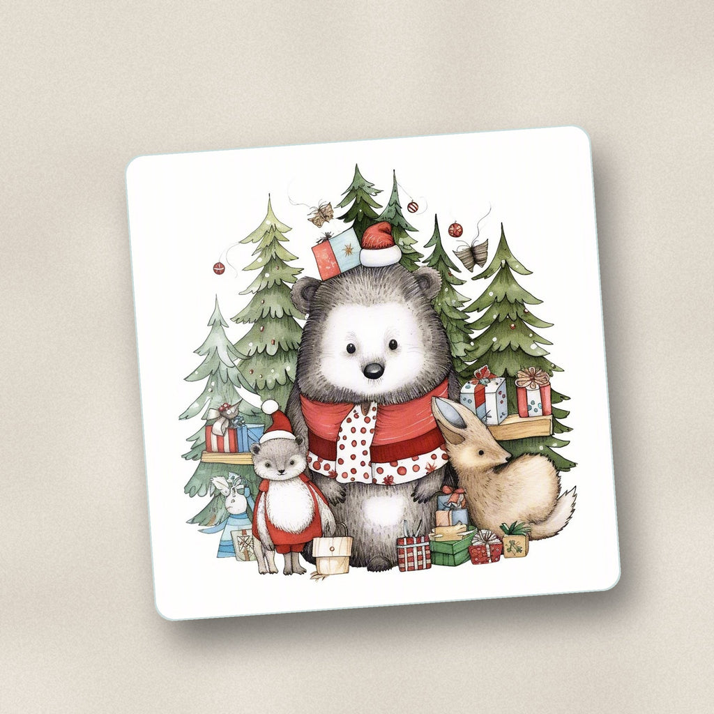 Close-up of one christmas woodland friends square glass coaster, flat UV print