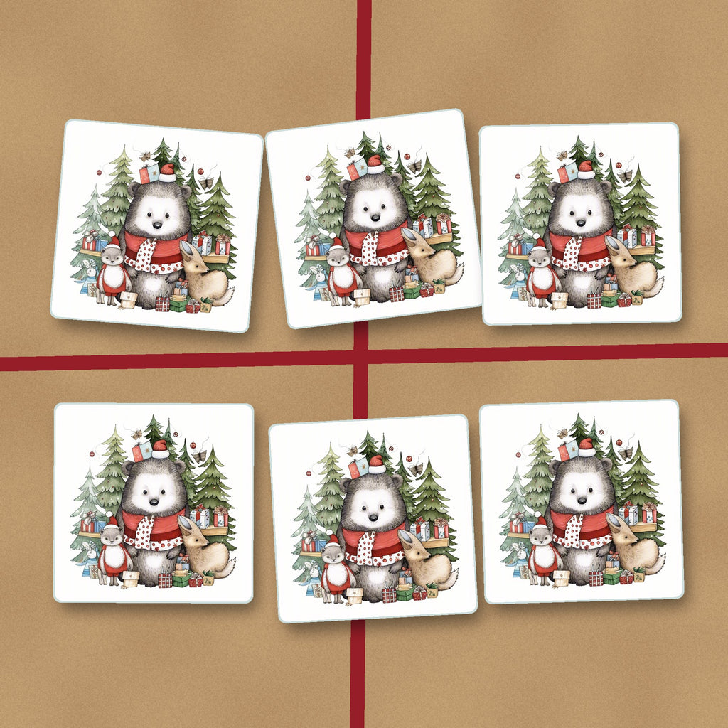 Christmas Woodland Friends square glass coasters on kraft gift wrap