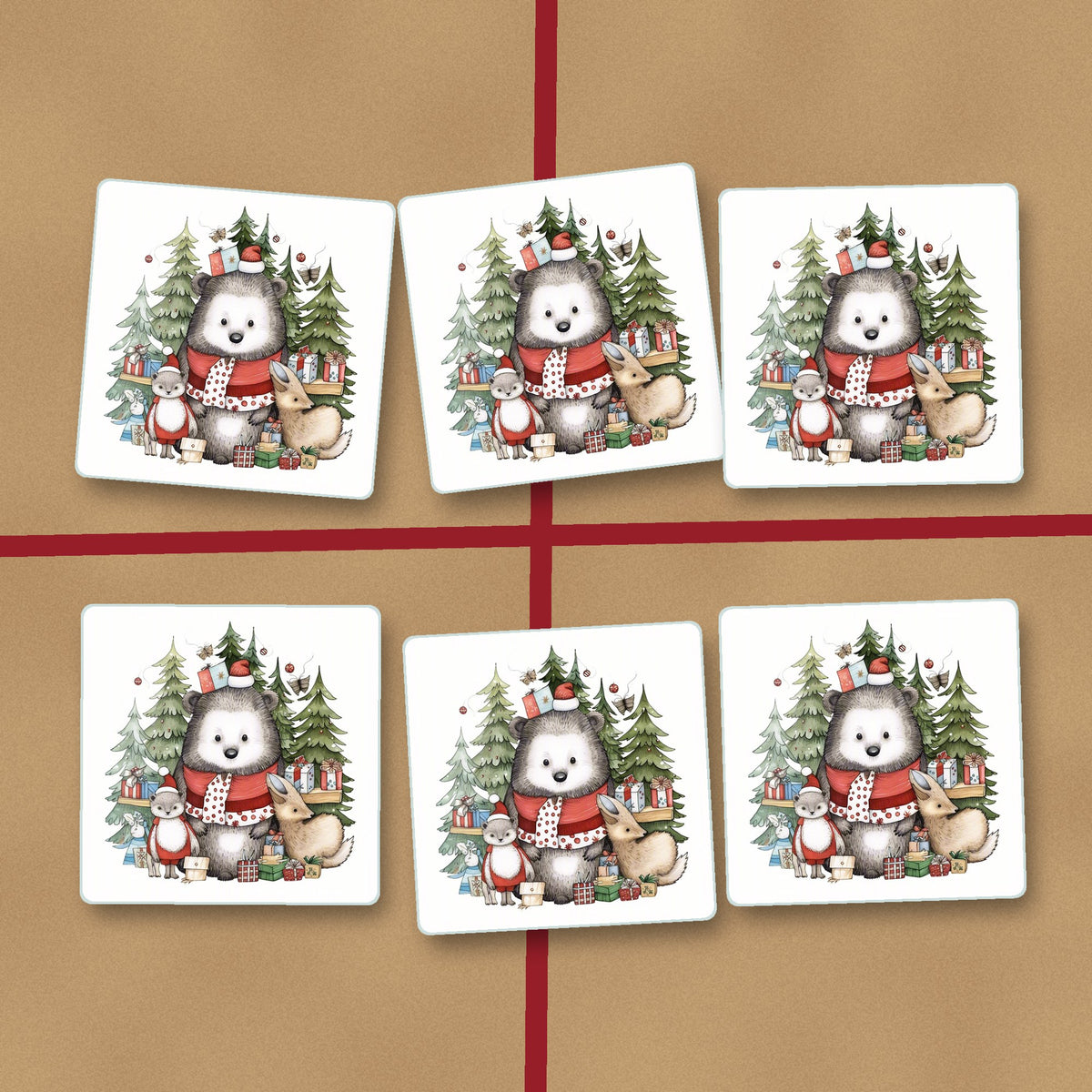 Christmas Woodland Friends square glass coasters on kraft gift wrap