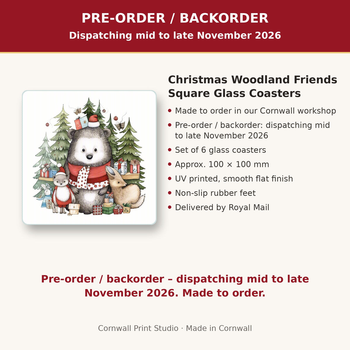 Info card: Christmas Woodland Friends Square Glass Coasters – Set of 6, made to order, dispatching mid to late November 2026, delivered by Royal Mail
