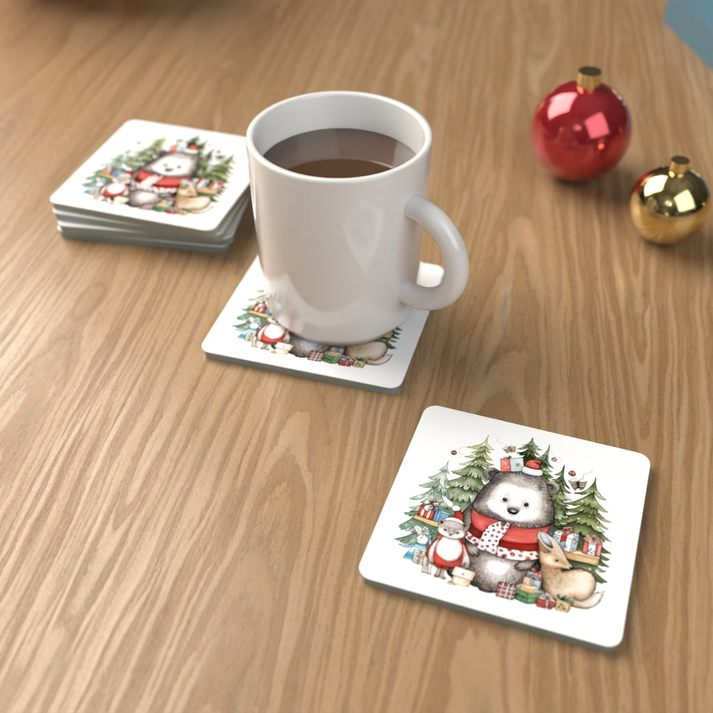 Christmas Woodland Friends Square Glass Coasters – Set of 6 – lifestyle mockup with a mug of coffee