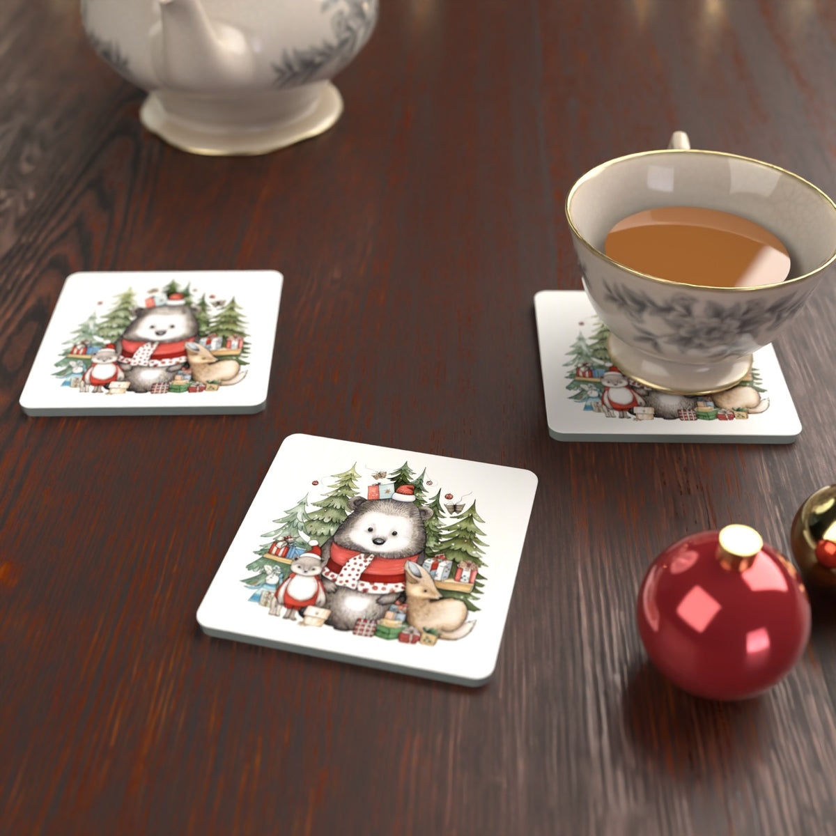 Christmas Woodland Friends Square Glass Coasters – Set of 6 – lifestyle mockup with a teacup