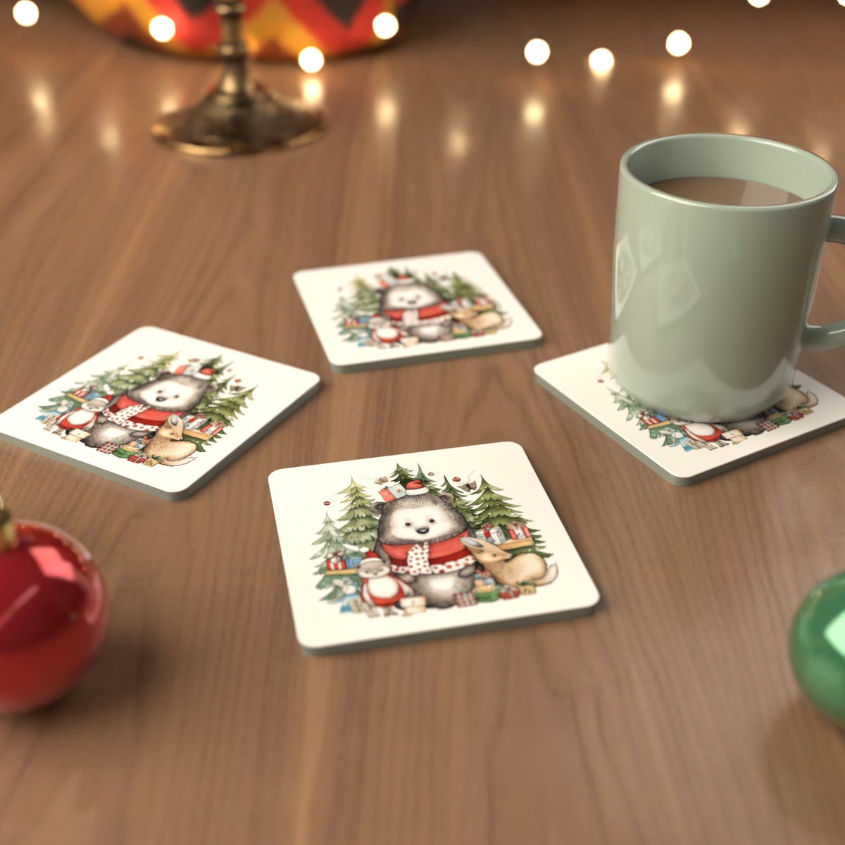 Christmas Woodland Friends Square Glass Coasters – Set of 6 – cosy lifestyle mockup