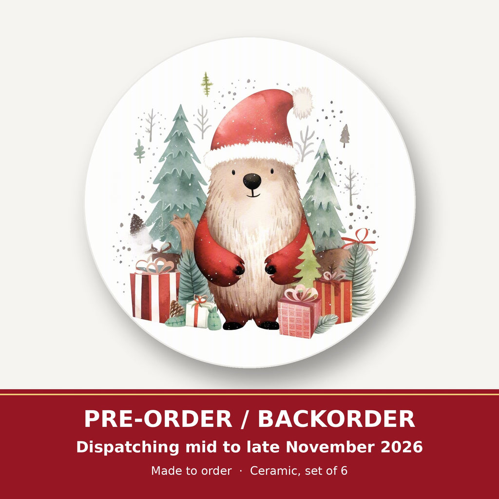 Christmas Bear in Santa Hat round ceramic coaster set of 6 – pre-order / backorder, dispatching mid to late November 2026