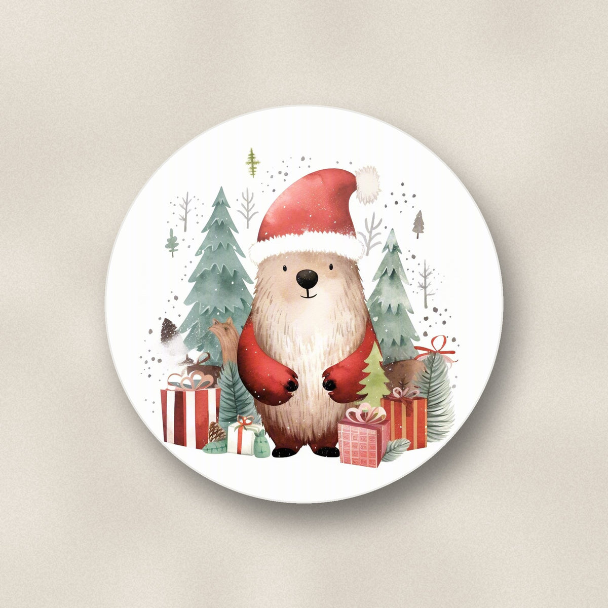 Close-up of one christmas bear in santa hat round ceramic coaster, flat UV print