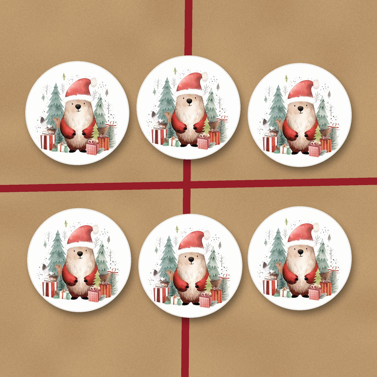 Christmas Bear in Santa Hat round ceramic coasters on kraft gift wrap
