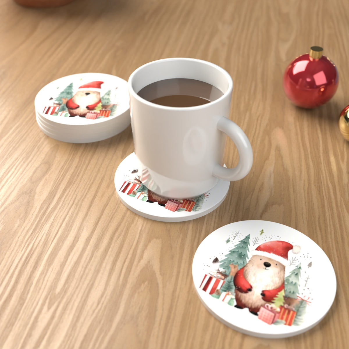 Christmas Bear in Santa Hat Round Ceramic Coasters – Set of 6 – lifestyle mockup with a mug of coffee