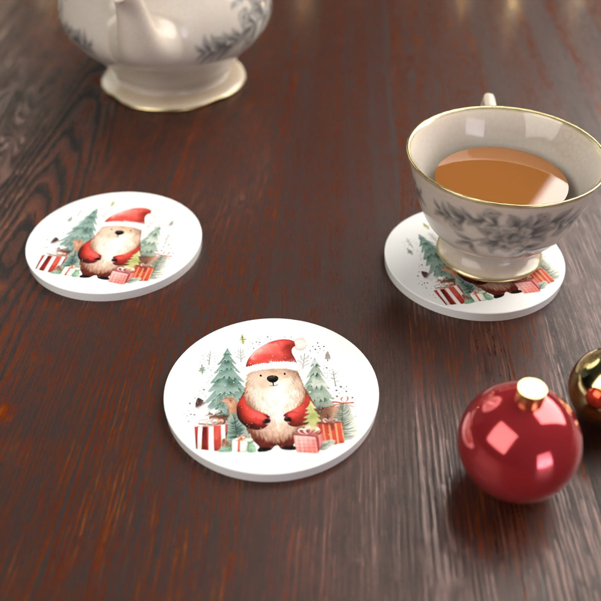 Christmas Bear in Santa Hat Round Ceramic Coasters – Set of 6 – lifestyle mockup with a teacup