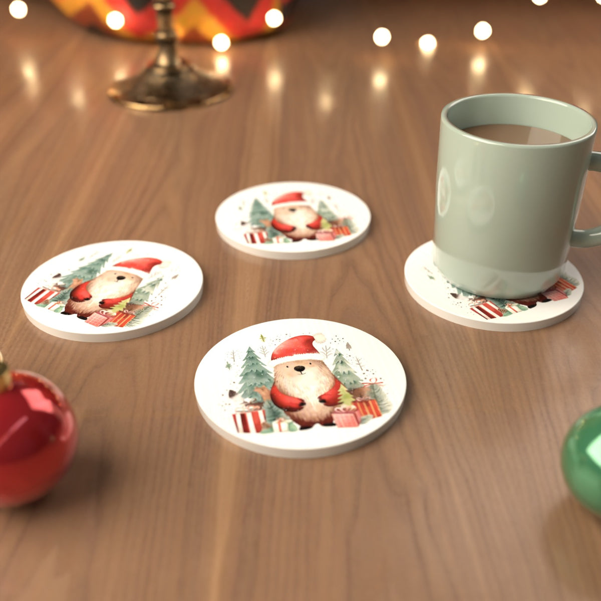 Christmas Bear in Santa Hat Round Ceramic Coasters – Set of 6 – cosy lifestyle mockup
