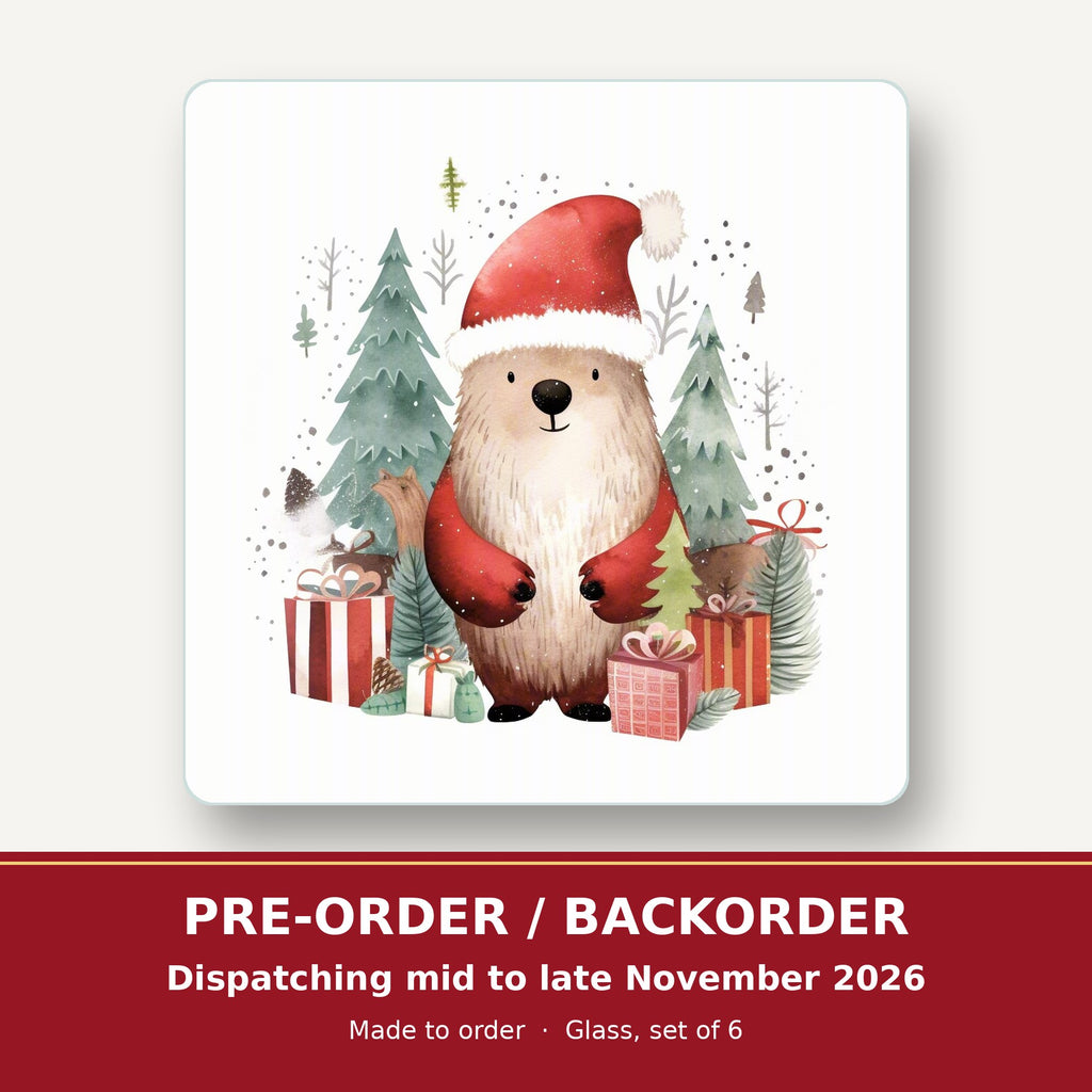 Christmas Bear in Santa Hat square glass coaster set of 6 – pre-order / backorder, dispatching mid to late November 2026