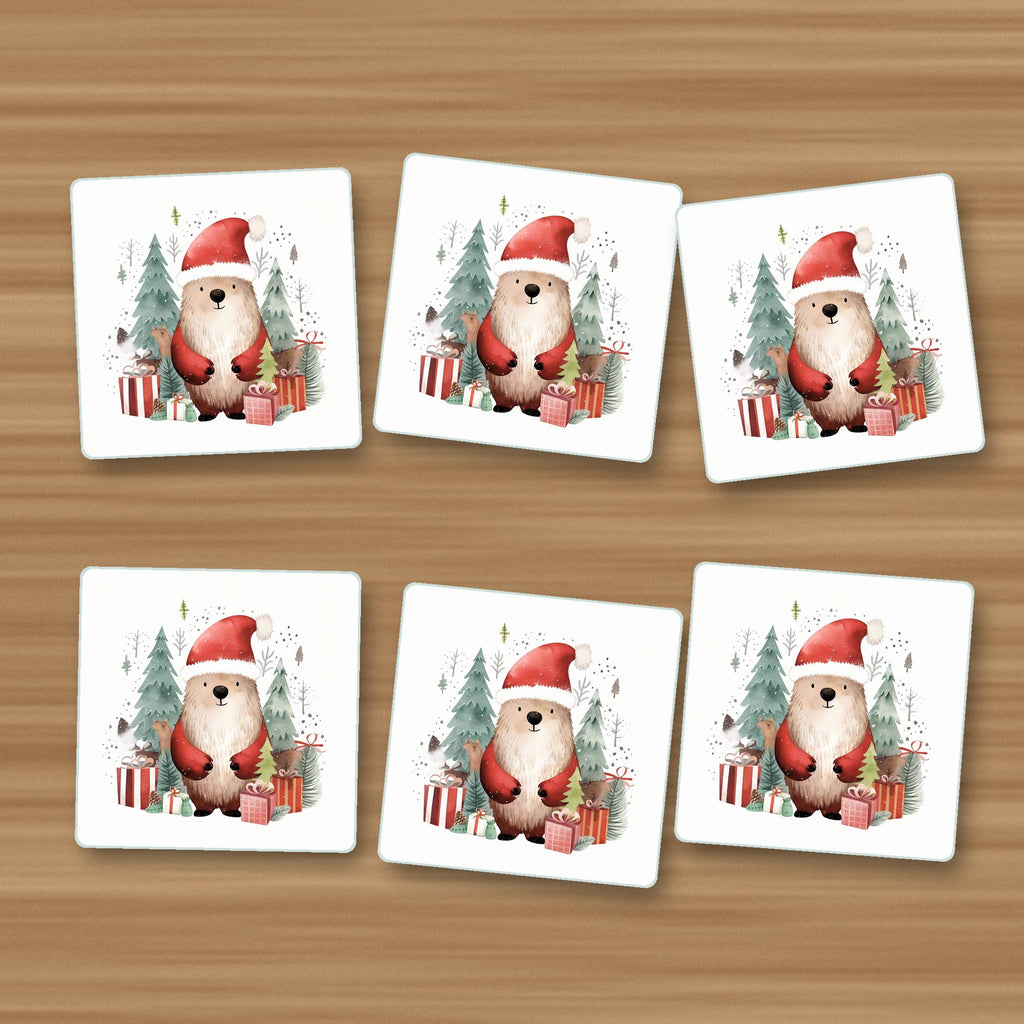 Christmas Bear in Santa Hat square glass coasters, set of 6, on an oak coffee table