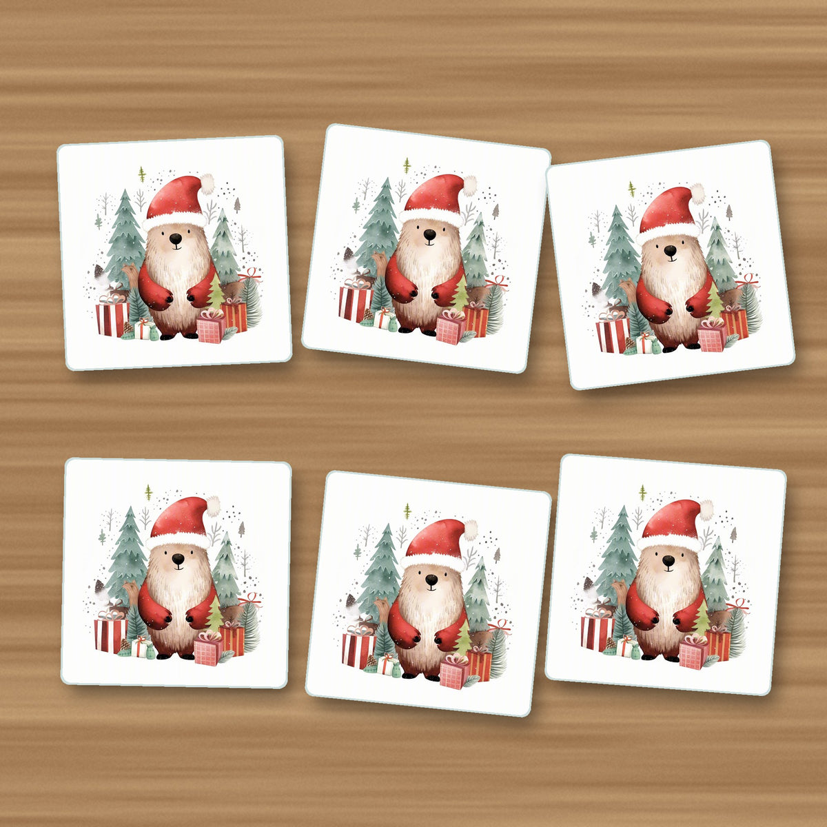Christmas Bear in Santa Hat square glass coasters, set of 6, on an oak coffee table