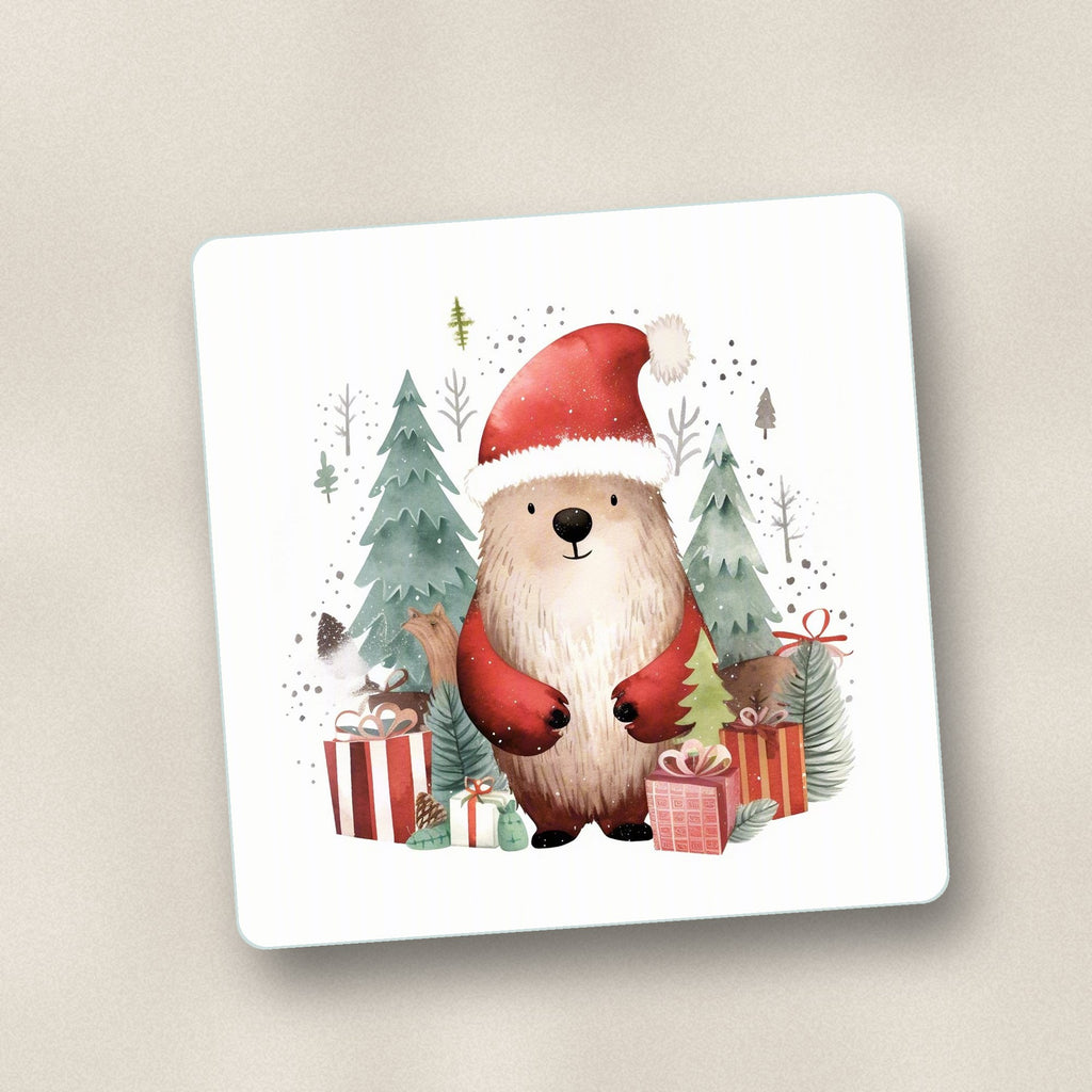 Close-up of one christmas bear in santa hat square glass coaster, flat UV print