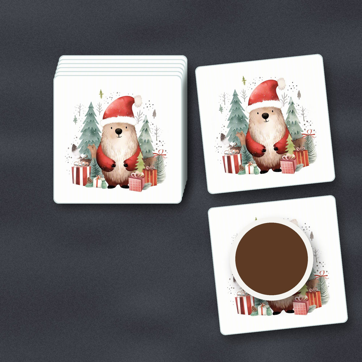 Christmas Bear in Santa Hat square glass coasters stacked on a slate kitchen worktop