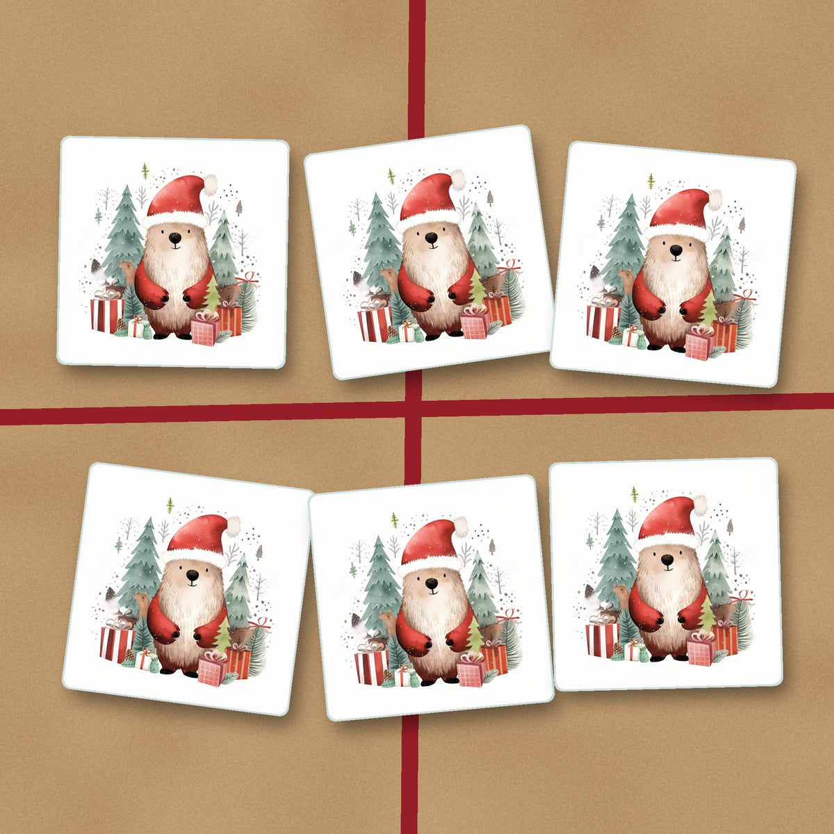 Christmas Bear in Santa Hat square glass coasters on kraft gift wrap