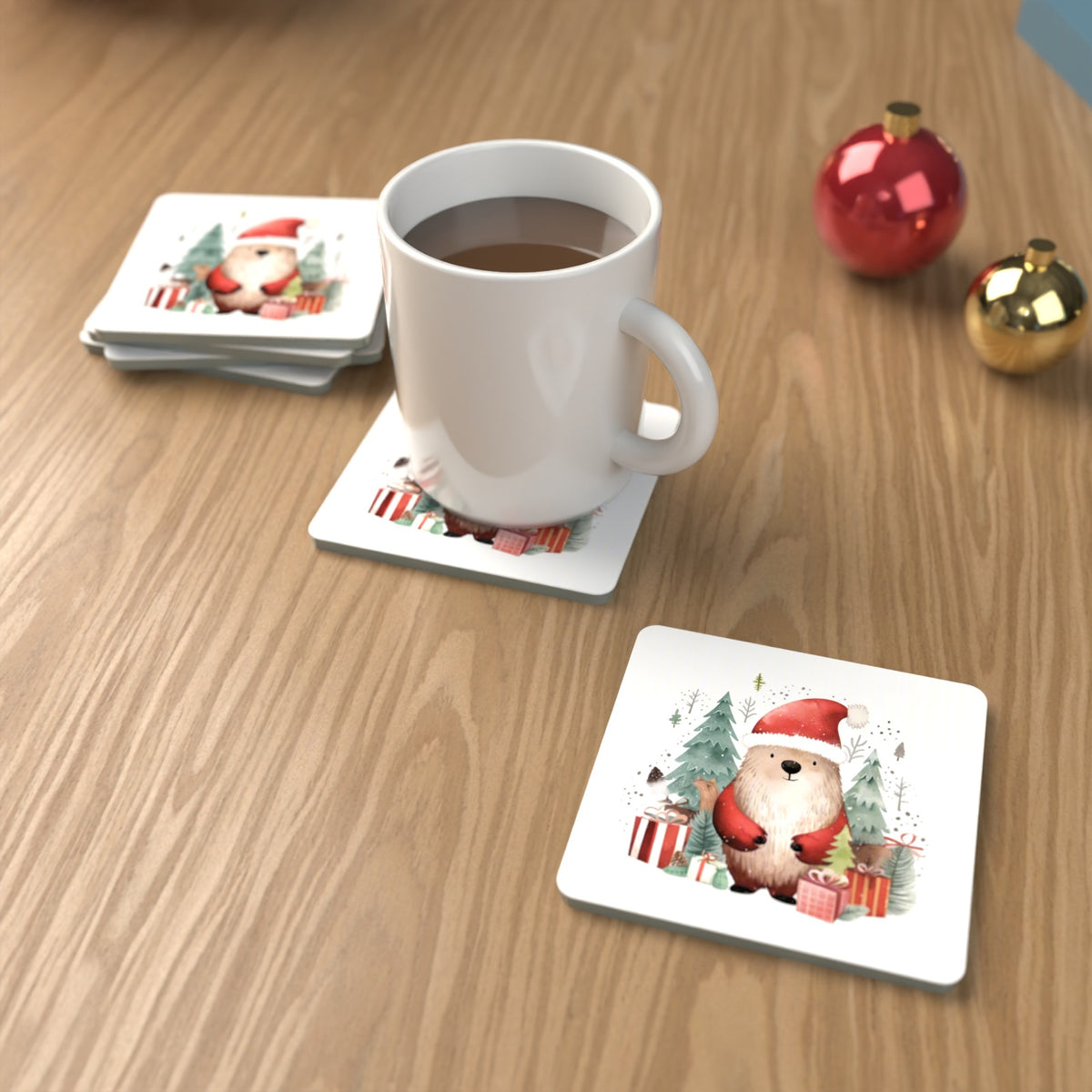 Christmas Bear in Santa Hat Square Glass Coasters – Set of 6 – lifestyle mockup with a mug of coffee