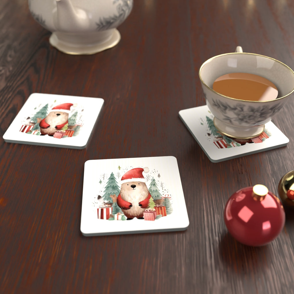 Christmas Bear in Santa Hat Square Glass Coasters – Set of 6 – lifestyle mockup with a teacup