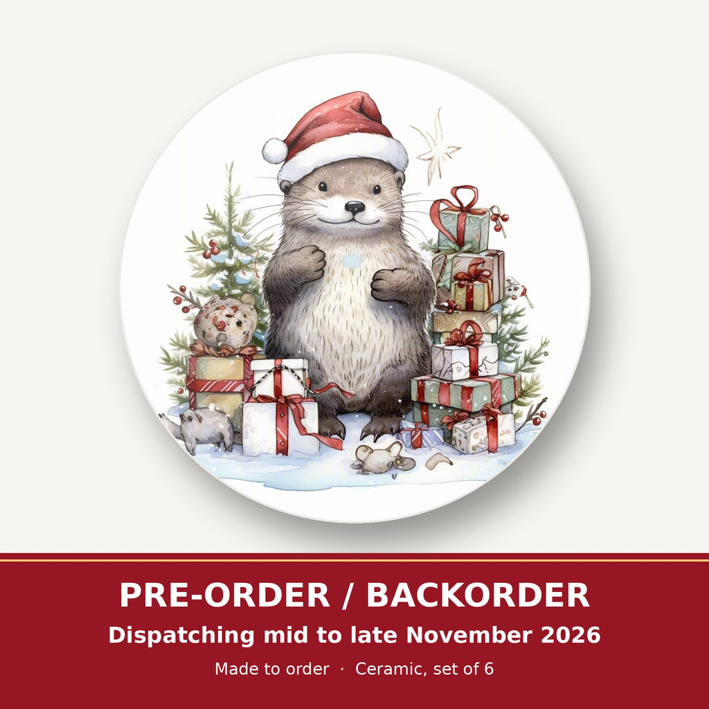 Christmas Otter with Gifts round ceramic coaster set of 6 – pre-order / backorder, dispatching mid to late November 2026