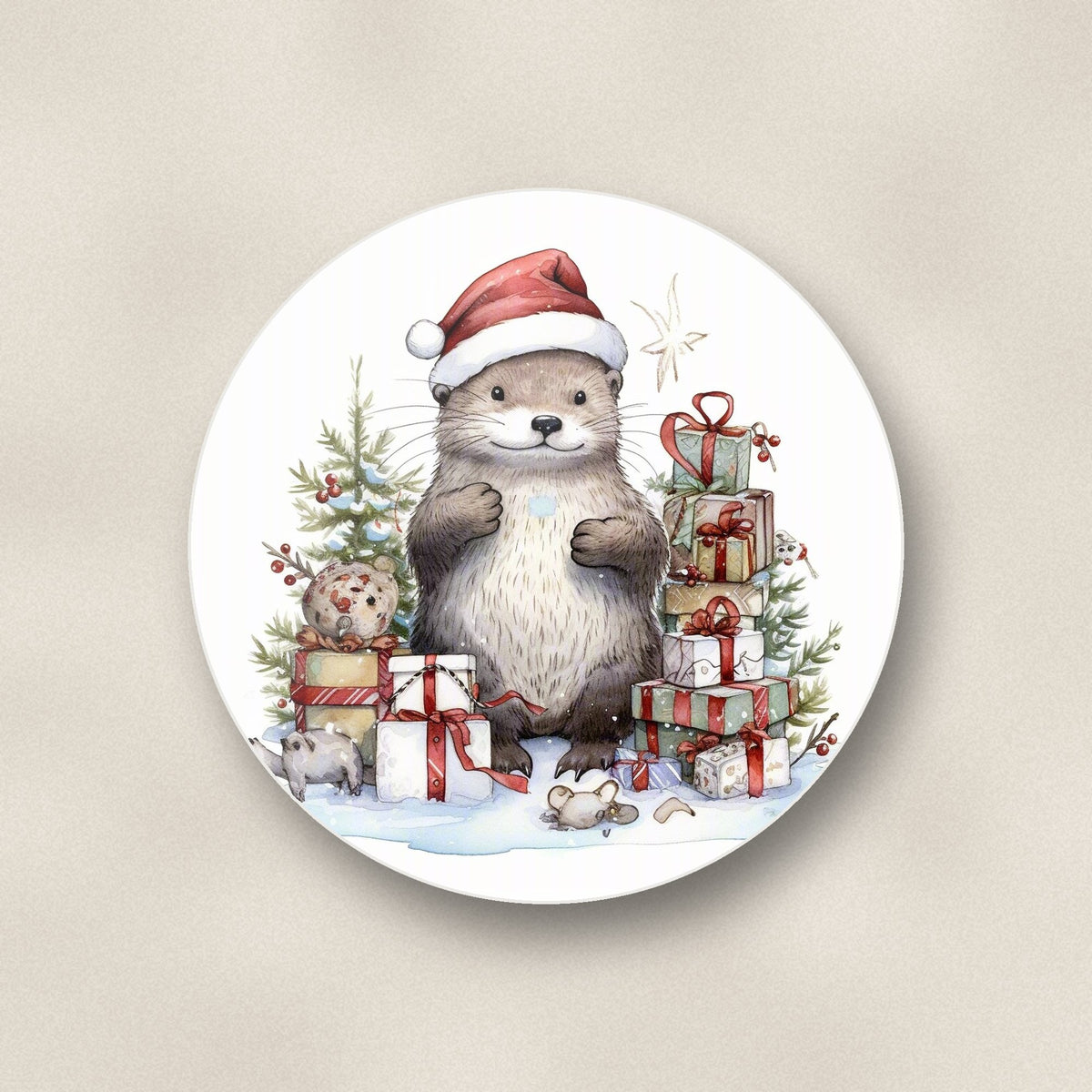 Close-up of one christmas otter with gifts round ceramic coaster, flat UV print