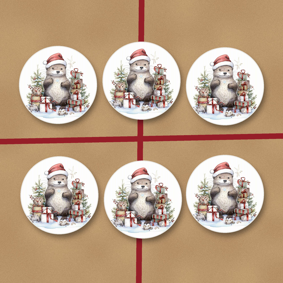 Christmas Otter with Gifts round ceramic coasters on kraft gift wrap