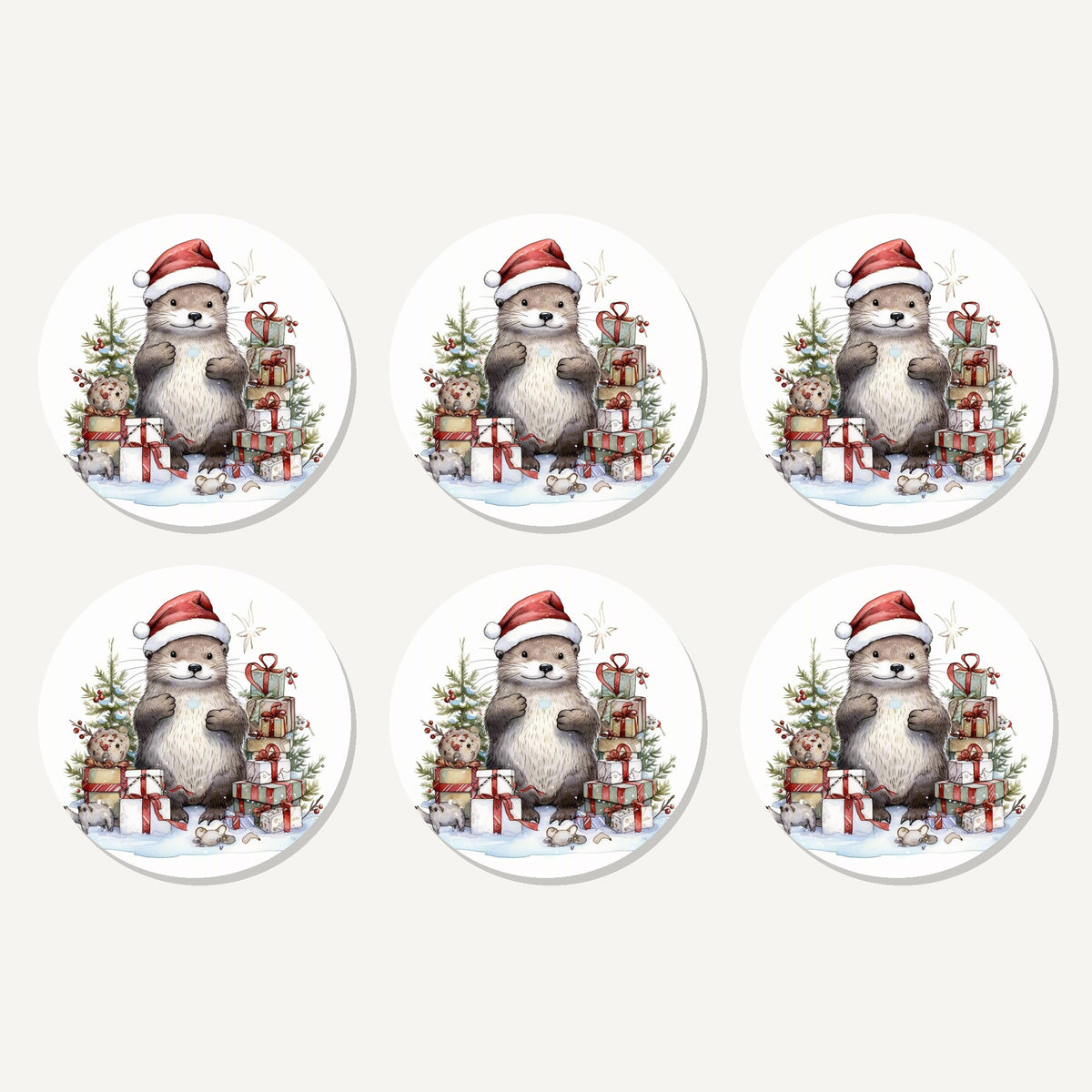 Flat lay of the christmas otter with gifts artwork on six round coasters
