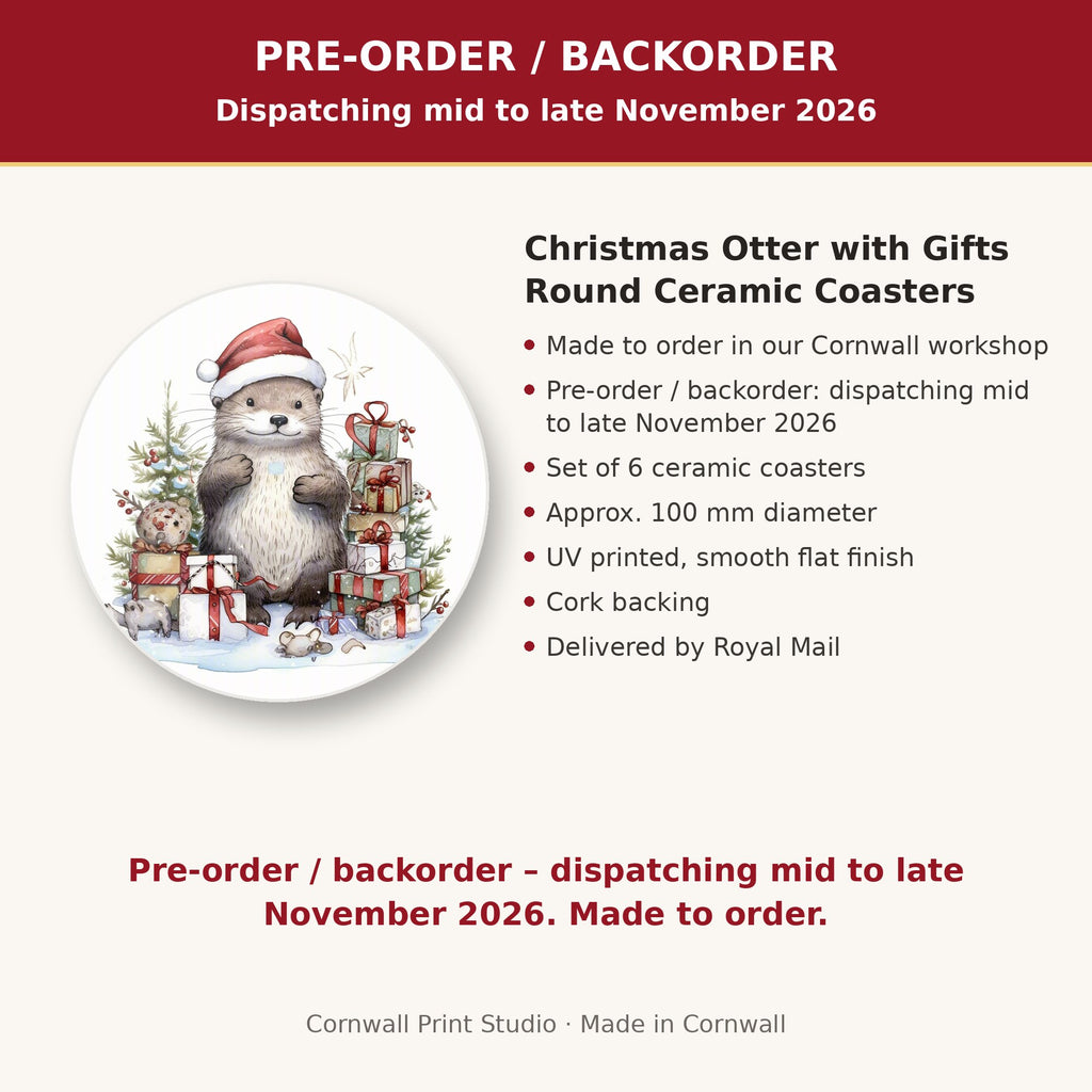 Info card: Christmas Otter with Gifts Round Ceramic Coasters – Set of 6, made to order, dispatching mid to late November 2026, delivered by Royal Mail