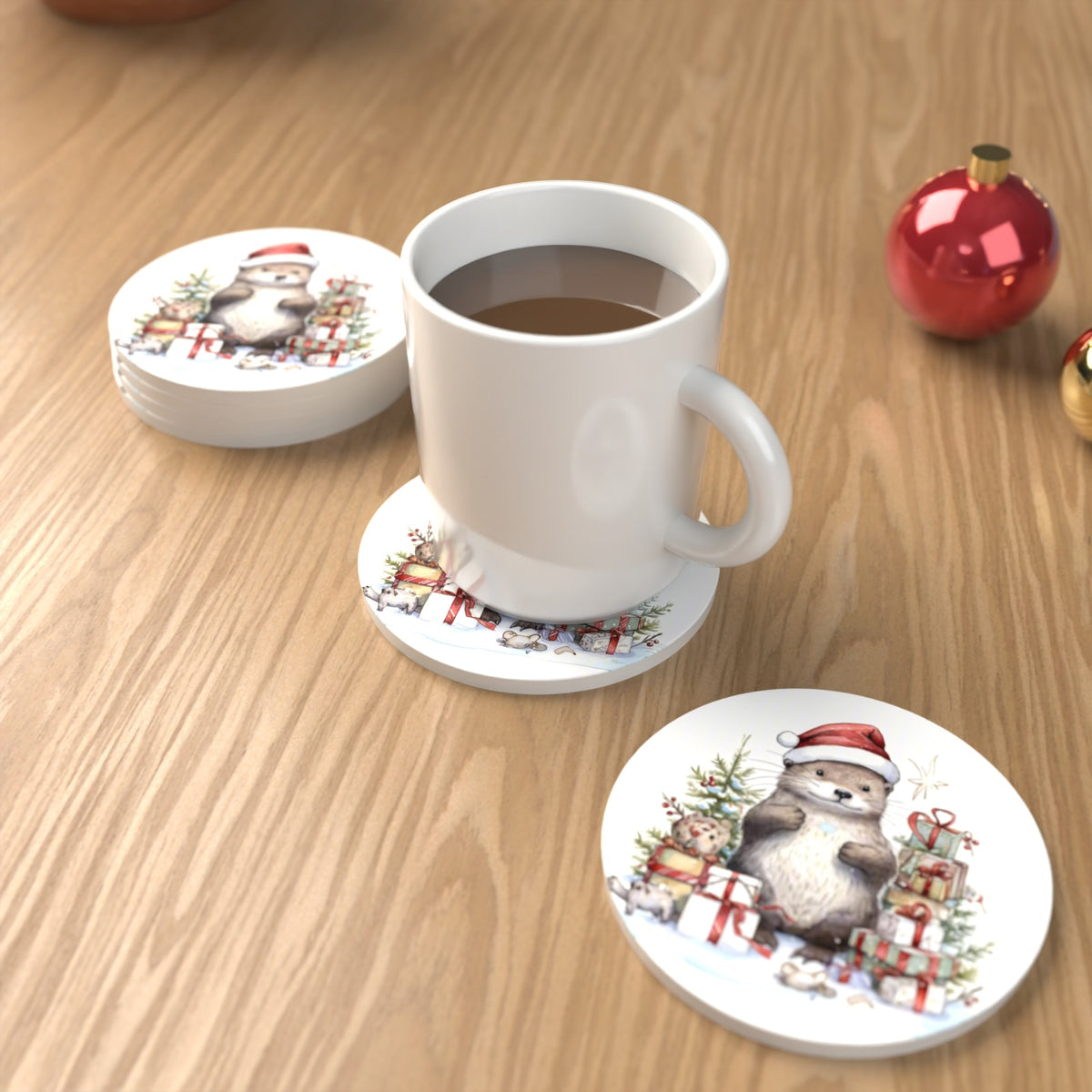 Christmas Otter with Gifts Round Ceramic Coasters – Set of 6 – lifestyle mockup with a mug of coffee
