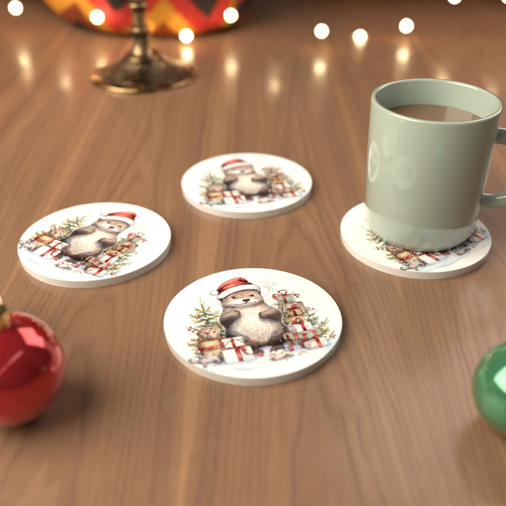 Christmas Otter with Gifts Round Ceramic Coasters – Set of 6 – cosy lifestyle mockup